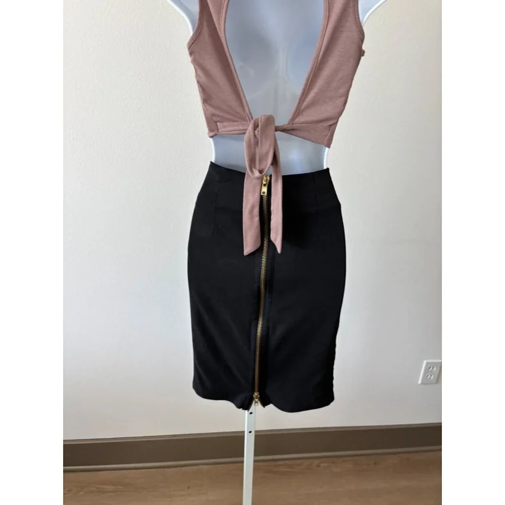 Mini Skirt Small BodyCon Gold Zip Adjustable Slit Streetwear Minimalist Preppy - Picture 6 of 15